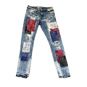 Preme Distressed Denim Patchwork Indigo Skinny Stretch Jeans Men 32x32 Bandana